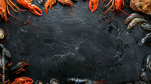 Lobsters and shellfish on a black background.