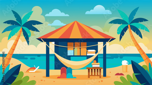 A beachside cabana with shelves of books and a comfortable hammock inviting readers to soak up the sunshine and a good story.