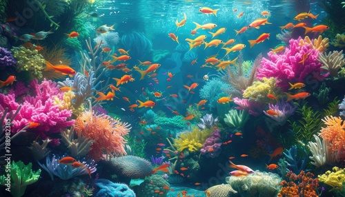 Underwater world teeming with schools of golden fish 🐠✨ A mesmerizing aquatic symphony of shimmering beauty.