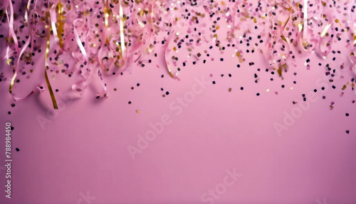 Delicate background pink party confetti streamers carnival celebration copy space decoration festival holiday overhead border streamer birthday anniversary colourful car