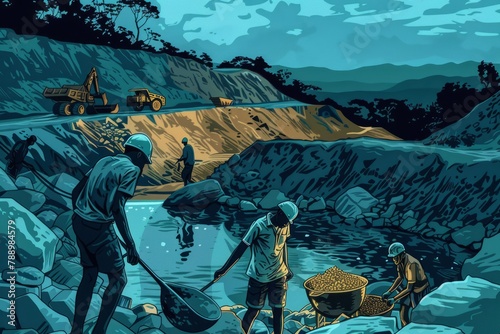 illustration of a quarry pit with people mining