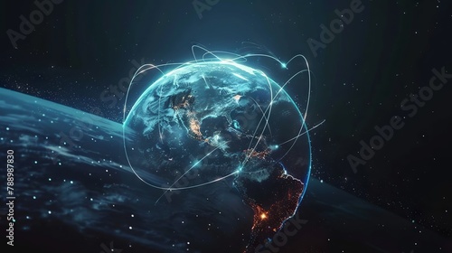 Global connectivity: a visualization of telecommunication networks encompassing planet earth, illustrating internet technology integration