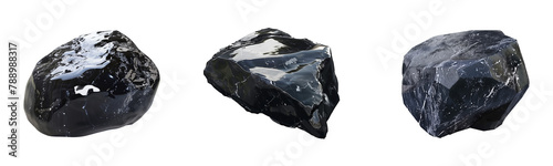 Collection of obsidian stones, Shiny black volcanic glass rocks, isolated object on transparent background