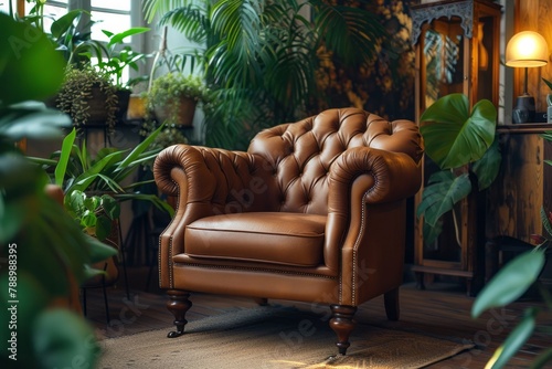A large brown leather chair in the middle of a room surrounded by greenery and flowers 