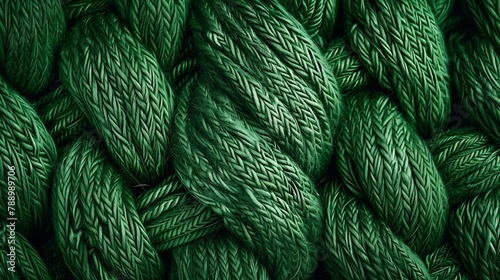 Woven green wool fabric texture Hand knitted textile canvas background Patchwork carpet backdrop Factory material threads Abstract design Closeup mockup top view : Generative AI