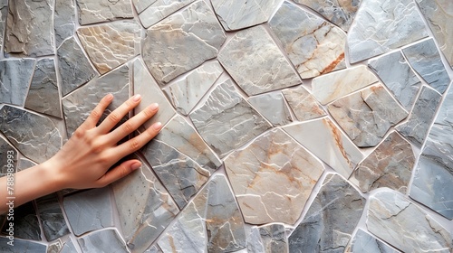 Mock up from natural stones top view close up Female hands advertises repair materials Floor tiles tiles countertops : Generative AI