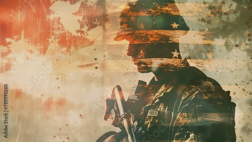 Capture the spirit of Independence Day with a poignant double exposure of an American soldier and flag, symbolizing tribute to service, war, and peace. Ample copy space provided.