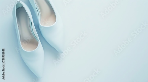 Beauty blog concept Pale blue female shoes on white background Flat lay top view trendy fashion feminine background : Generative AI