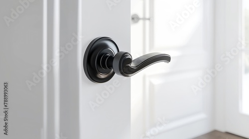 Modern black door handle on white wooden door in interior Knob closeup elements Door handle fittings for interior design : Generative AI