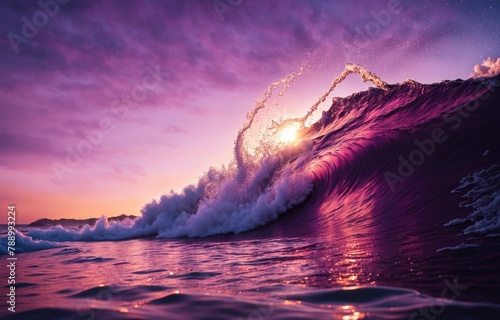 a purple wave is breaking on the ocean at sunset