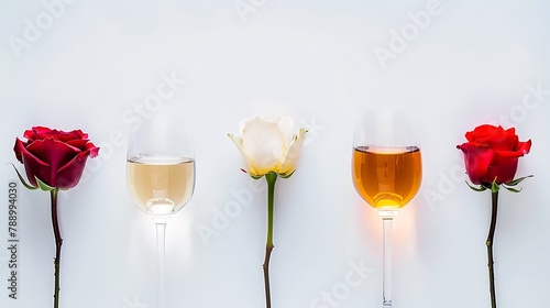 Flatlay of red rose and white wine in glasses on white background Wine bar winery wine degustation concept Minimalistic trendy photography banner : Generative AI
