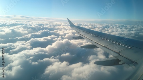Airplane Wings: A photo of a commercial airplane wing during takeoff, with the sky and clouds in the background