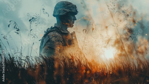 Powerful tribute to military service depicted through double exposure of soldier, symbolizing the juxtaposition of war and peace. Ample copy space for versatile use.