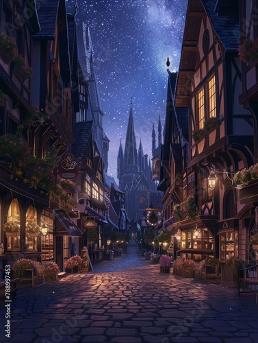 A street in the Gothic style city center, with tall buildings and gothic spires towering above the sky at night. 