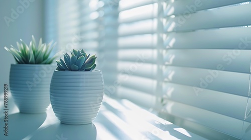 White interior background closeup abstract details painted light table roman blinds window blue flowerpots with house plants on the desk Interior design home : Generative AI