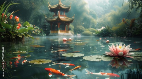 A beautiful pond with a pagoda in the background with colorful koi fish swimming around.