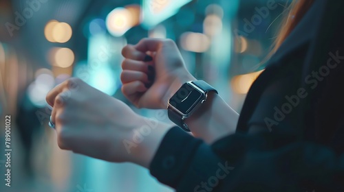 Young business woman is late on time in a hurry she checks the deadline on her smart watch High quality photo Hands closeup business and technology concept close up copy space : Generative AI