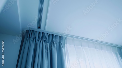 Close up of white ceiling board curtain rail with blue textile in bedroom corner near light wall Ideas for home decoration and design Modern interior in apartment : Generative AI