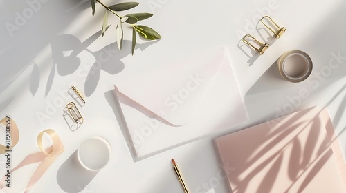 Feminine stationery desktop mockup scene Blank greeting card craft envelope washi tape and golden paper binder clips with olive branchWhite table background Flat lay top view : Generative AI