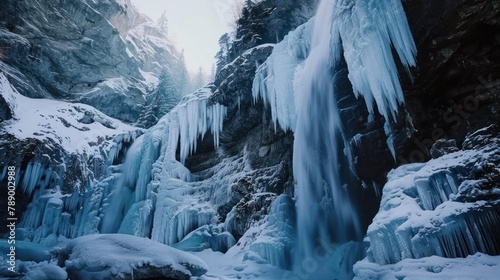 frozen waterfall cascading down a snow-covered mountainside