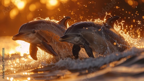 Two dolphins captured mid-jump above glistening ocean waves, backlit by a warm golden sunset, creating a picturesque scene