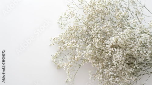 Create a beautiful floral arrangement featuring delicate white flowers against a white backdrop in this wedding mockup adorned with small Gypsophila Baby s breath blossoms The flat lay pers