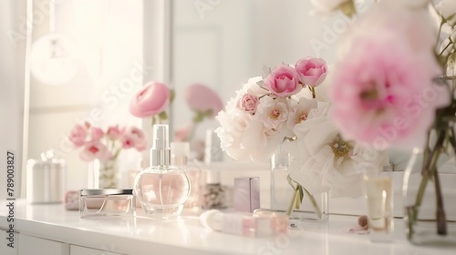 Pink flowers on the dressing table in the white bedroom Flowers and perfumes in a bright interior White boudoir table close up and copy space : Generative AI