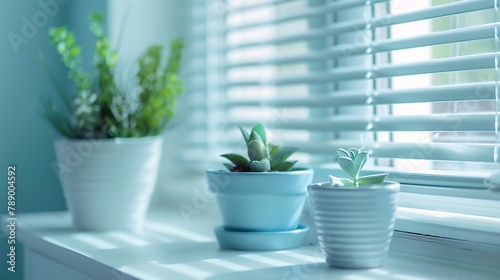 White interior background closeup abstract details painted light table roman blinds window blue flowerpots with house plants on the desk Interior design home : Generative AI