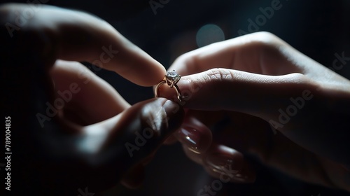 She said yes concept of an expensive gold diamond ring on a womans hand held by her fiance Man holding womans hand with ring closeup womens jewelry shot idea photo : Generative AI