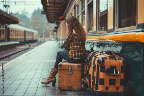 A young woman seated on a suitcase, awaiting a train at an old-fashioned station
