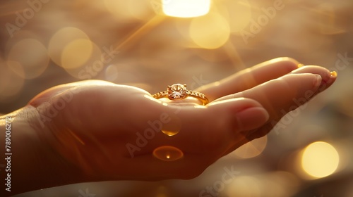She said yes concept of an expensive gold diamond ring on a womans hand held by her fiance Man holding womans hand with ring closeup womens jewelry shot idea photo : Generative AI