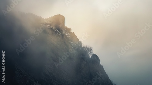 view from a mysterious medieval castle on a rocky mountain cliff shrouded in cold, dark morning mist. Creates a scary atmosphere