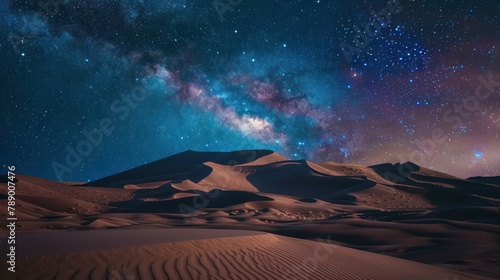 vast desert landscape with towering sand dunes under a starry night sky