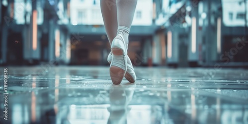 Erguida en puntas, el brillo de la dedicación de una bailarina se refleja en el suelo, un único momento de gracia congelado en el tiempo.