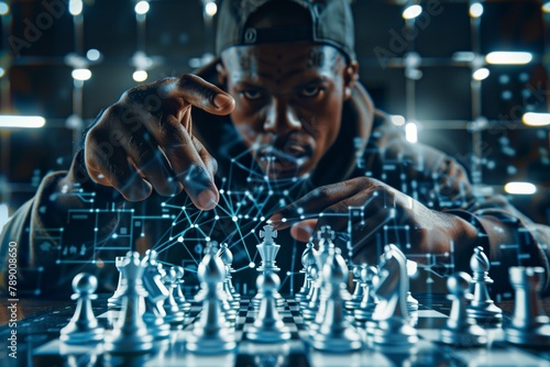 Un estratega moderno, absorto en una partida de ajedrez holográfica, donde la grandeza clásica del juego se encuentra con la vanguardia de la era digital.