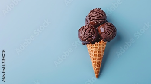 Chocolate ice cream in a waffle cone blue background flat lay top view copy space Summer cooling desserts : Generative AI