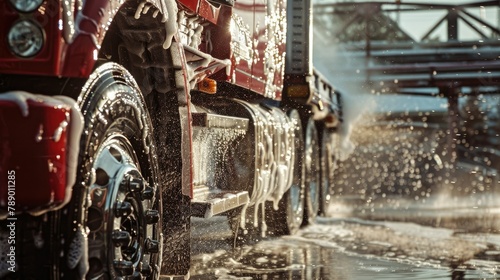 Washing a truck outside up close at a car wash using detergents