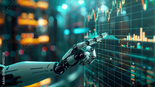 A robot arm points confidently at a stock chart on a futuristic screen, making a decisive trade