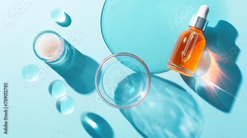 Cosmetic beauty concept with bottle serum drops and petri dish on blue background top view flat lay : Generative AI