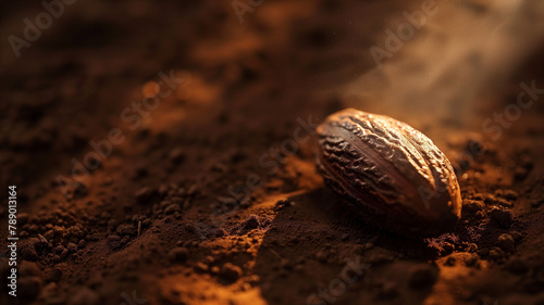 A single cocoa bean with a spotlight shining on it, highlighting the humble origin of chocolate