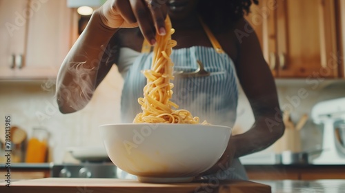 Close up of unrecognizable black woman mixing pasta in bowl while cooking in cozy kitchen copy space : Generative AI