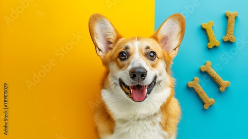 Corgi dog toys accessories and dry food on the yellow and blue background