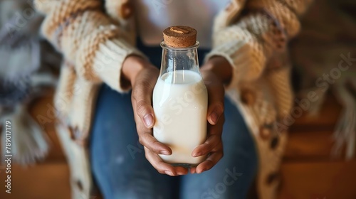 female Holding Bottle Of Hemp Milk, Cropped shot of woman holding glass bottle of milk isolated on white background, Woman with bottle of fresh milk in hand at world milk day