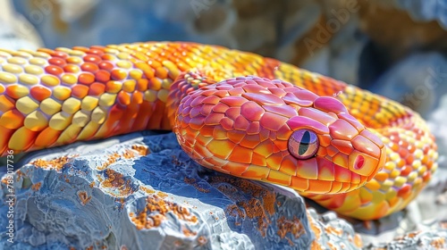 Vibrant Corn Snake Slithering on Rocky Surface with Red, Orange, and Yellow Scales