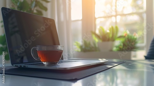 Home office concept Designated work from home area near the window Modern laptop with blurred screen and glass cup of tea on table Close up copy space interior background : Generative AI