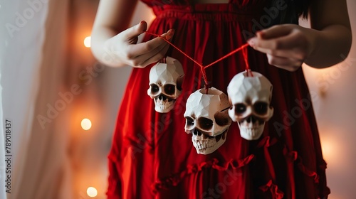 Woman in red dress holding scull garland Halloween decorations close up photo Handmade paper garland for Halloween Festive home decoration : Generative AI