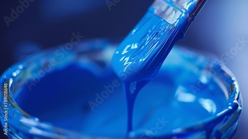 Close up of blue paint pot and dripping paintbrush : Generative AI