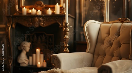 Close up shot of beige soft chair in classic style near decorative fireplace Bust figurine metal candlestick with candles and mirror with golden frame in living room with elegant inter : Generative AI