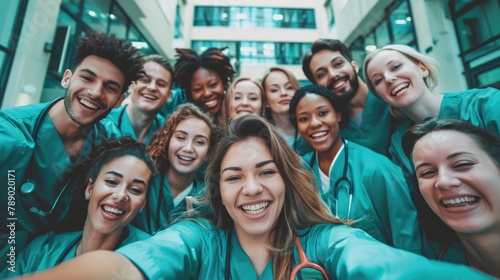 Multi-ethnic group of happy nurses students having fun while taking selfie at medical university. Doctor teamwork concept.