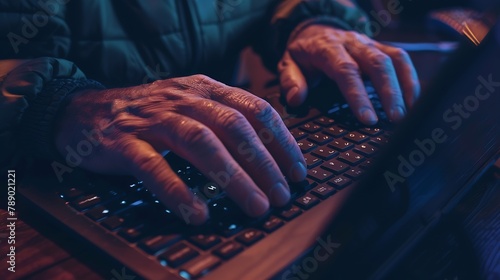 Close up of a mans hands on keyboard of lap top in the dark room people working at home modern white notebook Internet work technology concept : Generative AI
